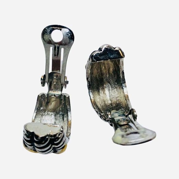 Vintage Braided Twisted Rope Kiss Silver & Gold Tone 1/2 Hoop Clip-on Earrings - Picture 6 of 6